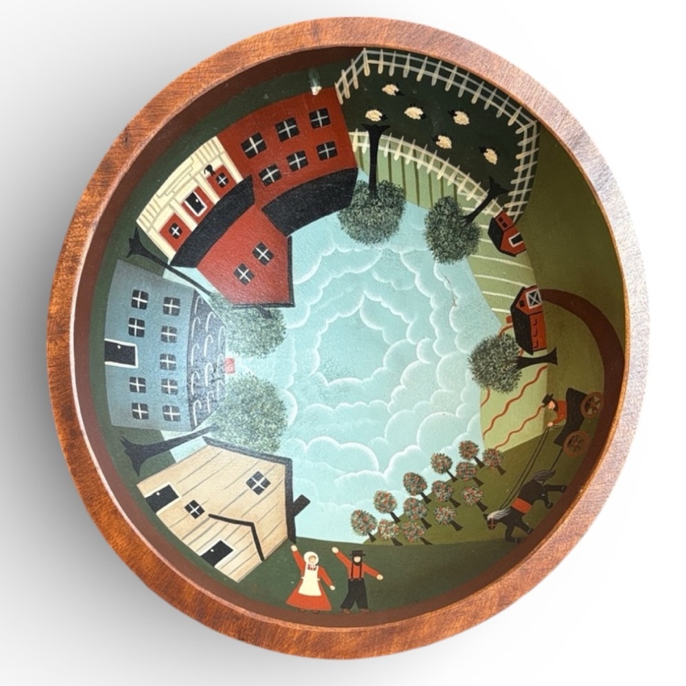 VTG Wood Bowl Amish Folk Art Hand Painted Bowl Farm Apple Orchard Signed 11”